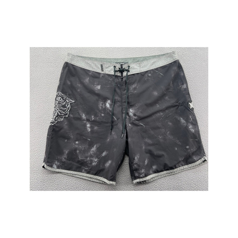 Hurley Board Shorts Men's Size 33 Black Acid Wash Tiger Embroidered Swim Trunks